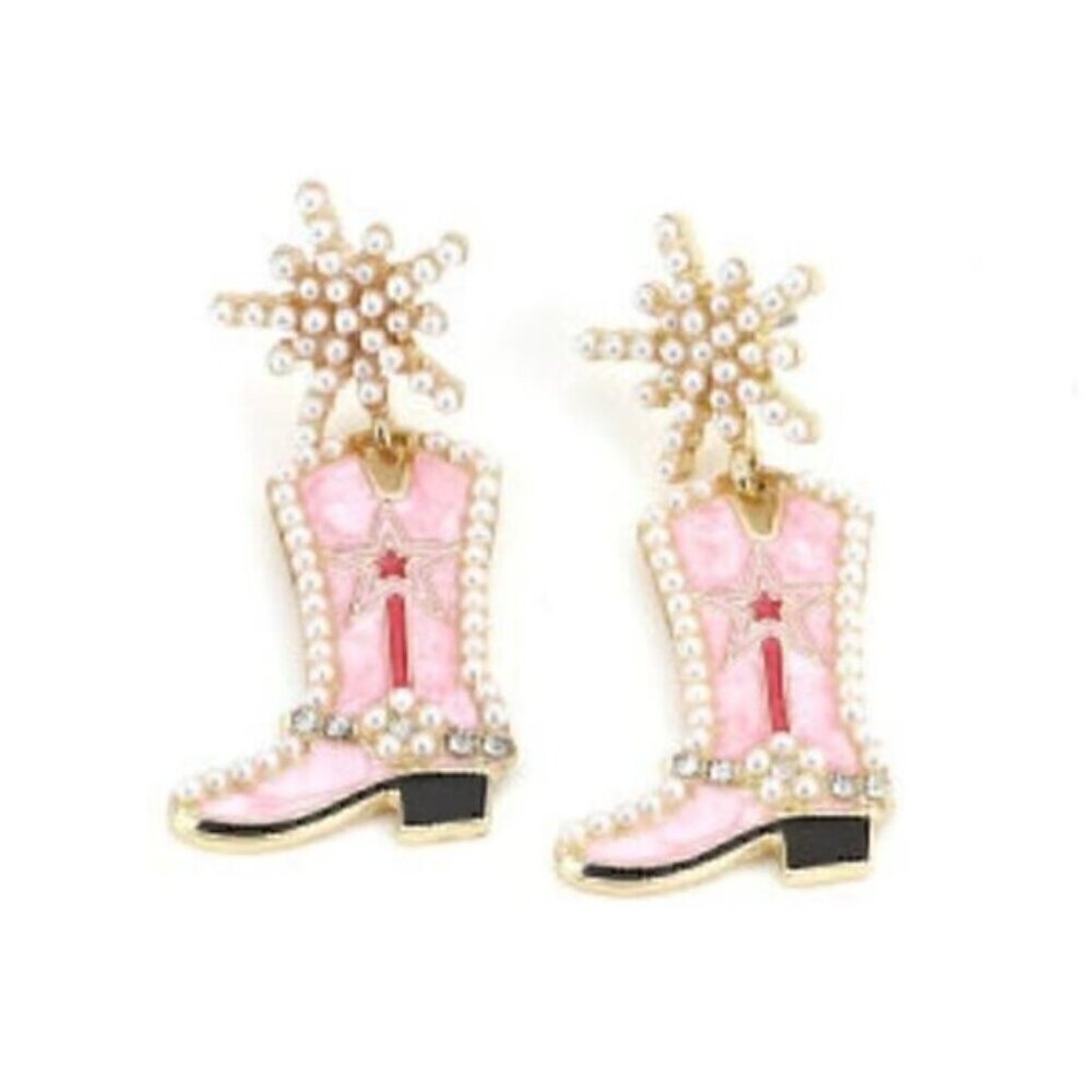 Cowboy Cowgirl Beaded Boots Dangle Earrings with Faux Pearl Rodeo Maximalist - Picture 4 of 5